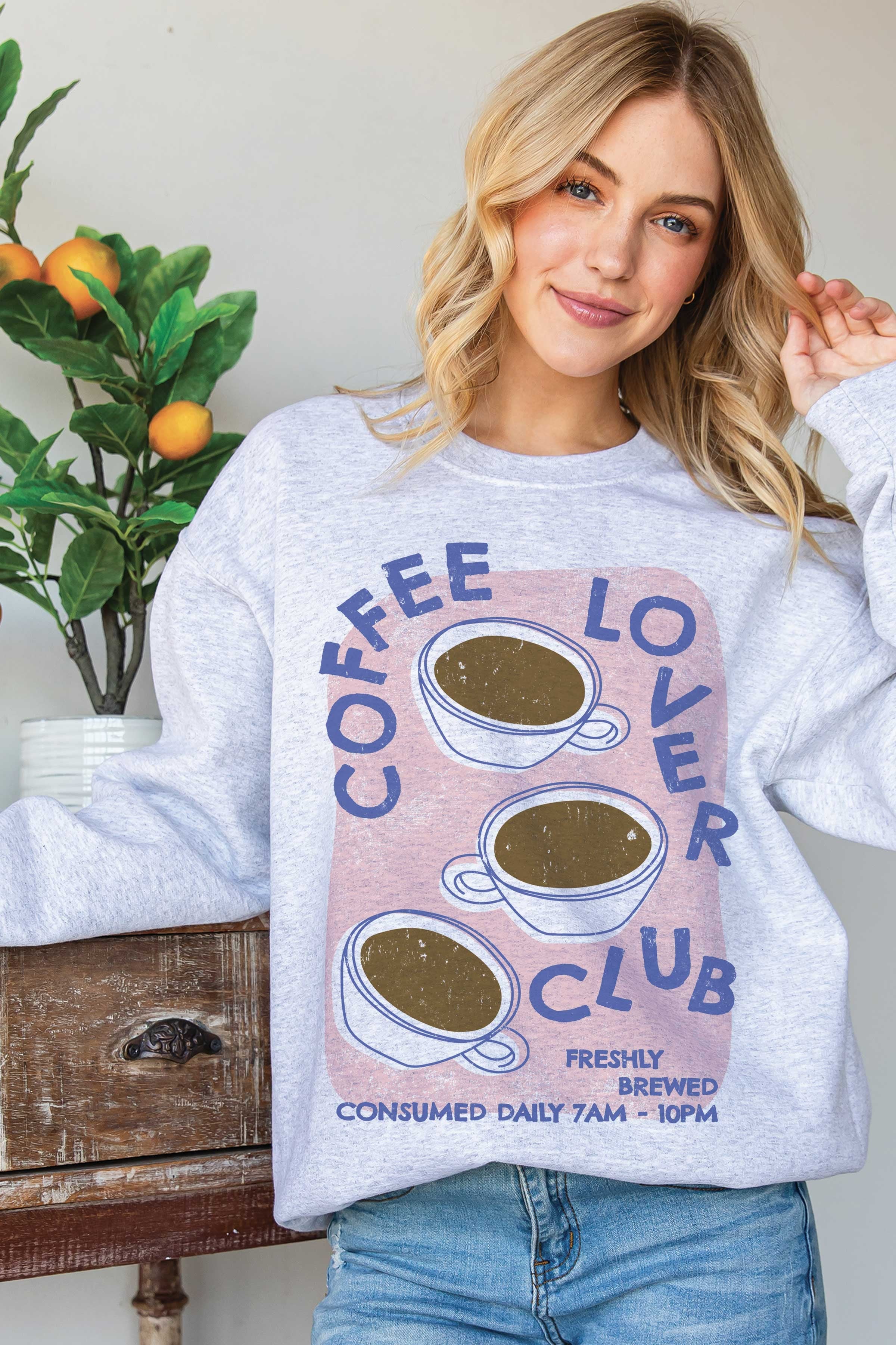 VacationGrabs women's coffee lovers club sweatshirt in light gray with coffee cup design and casual fit