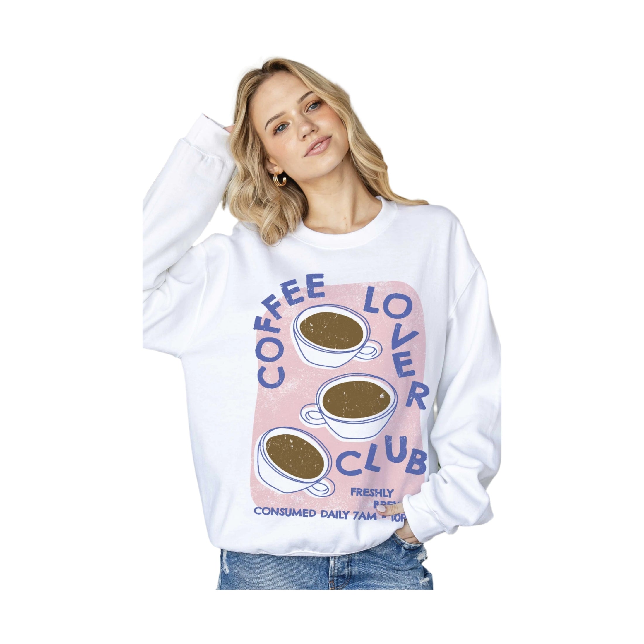 VacationGrabs coffee lovers club sweatshirt with three coffee cup illustrations on a white women's sweatshirt