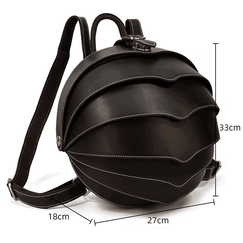 Collapsible travel backpack leather with a unique circular design and adjustable straps for convenience