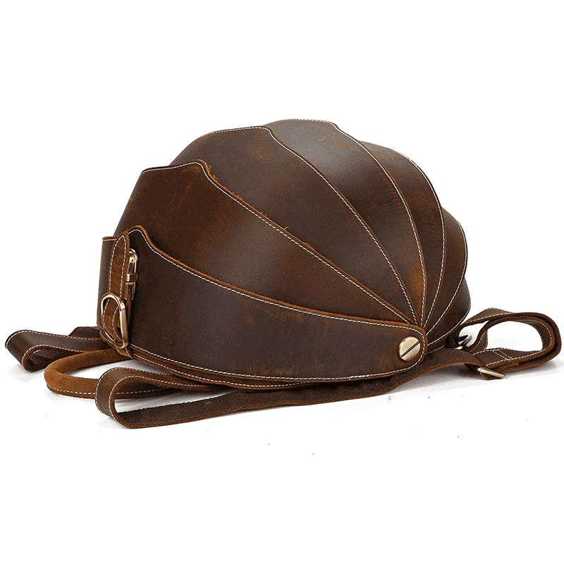 Collapsible travel backpack leather with a unique rounded design and adjustable straps for versatile use