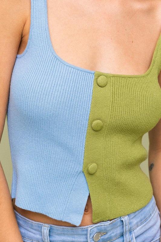 Women's Sweaters Color Block Button Front Sweater Top