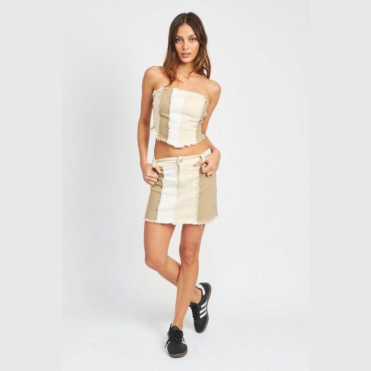 Emory Park color block corset top in beige and cream with a stylish cropped design