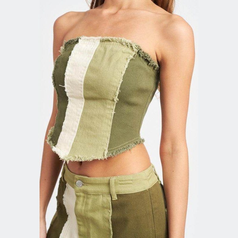 Emory Park color block corset top in green tones with frayed edges for a trendy look