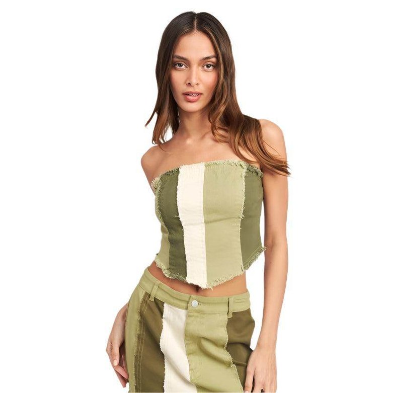 Emory Park color block corset top in green and beige with a stylish cropped design