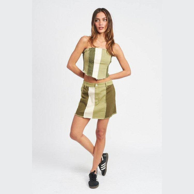 Emory Park color block corset top in green with a matching skirt, perfect for trendy outfits