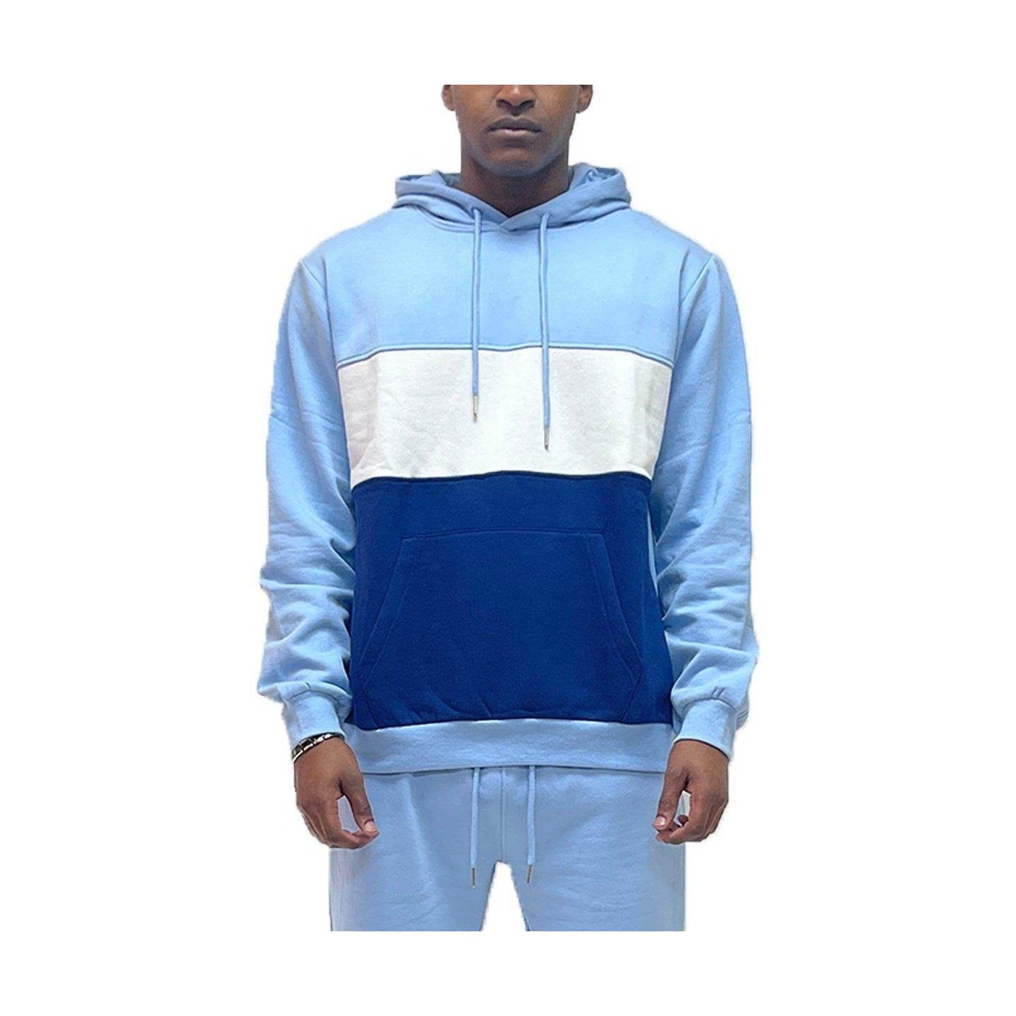 Color block hoodie mens fashion in blue and white with a comfortable front pocket and adjustable drawstring.