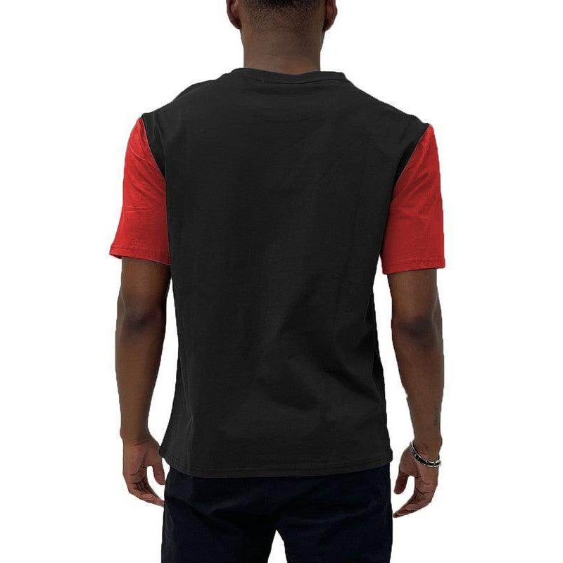 Men's black and red color block t-shirt men with a comfortable fit and short sleeves