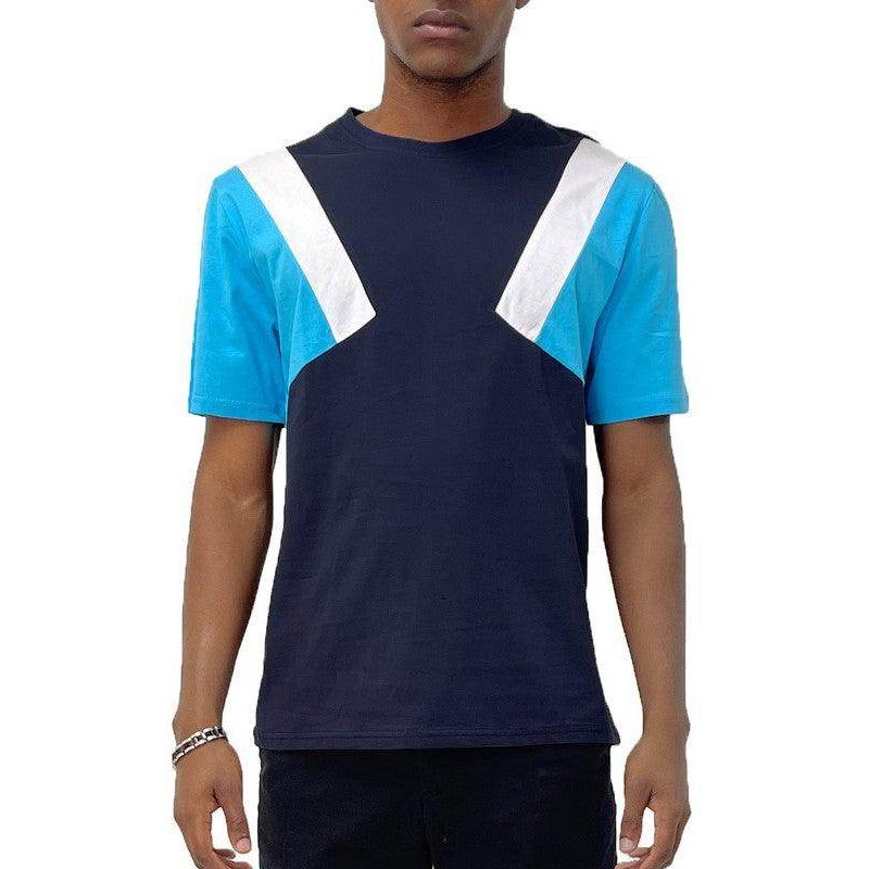 WEIV color block t-shirt men featuring bold blue and white geometric design for a stylish look