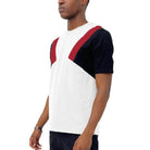 WEIV color block t-shirt men featuring red and black geometric designs on a white background