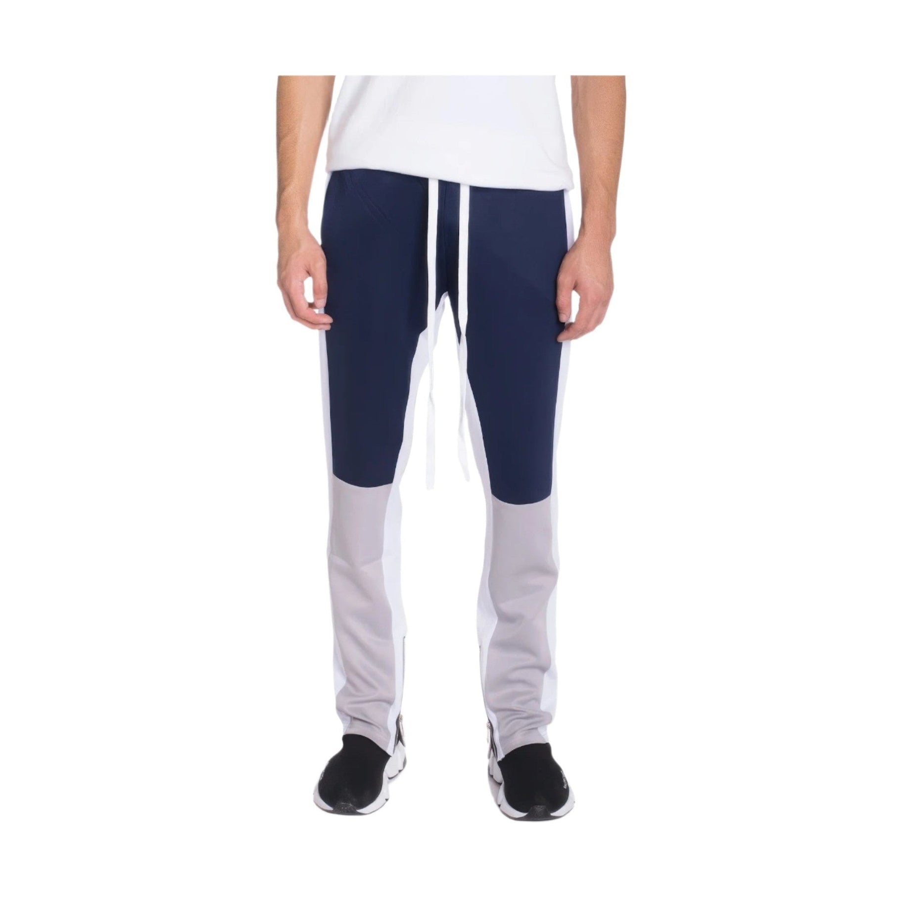 Color block track pants men in navy and grey with adjustable drawstring and tapered fit