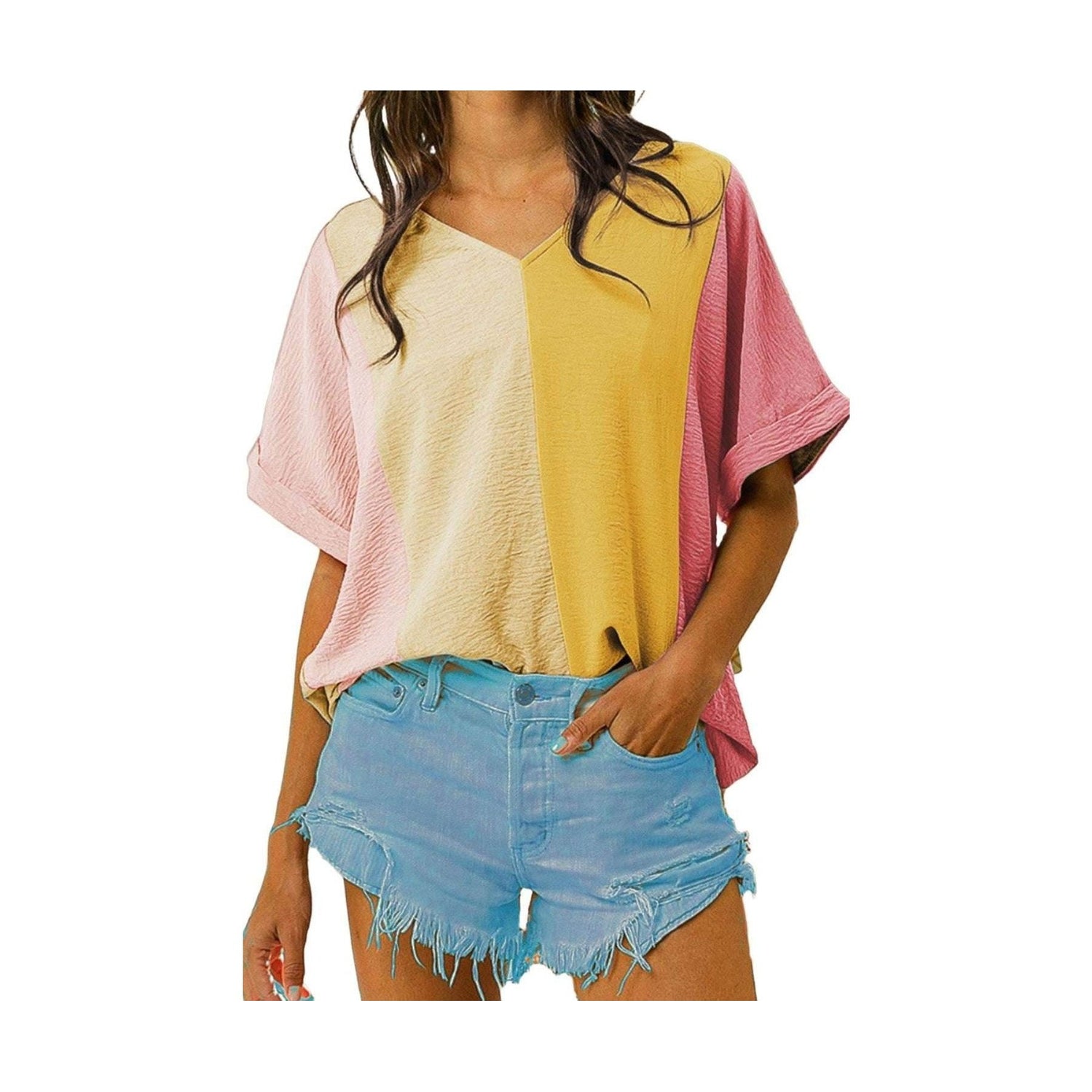 Color Block V-Neck Half Sleeve T-Shirt - VacationGrabs