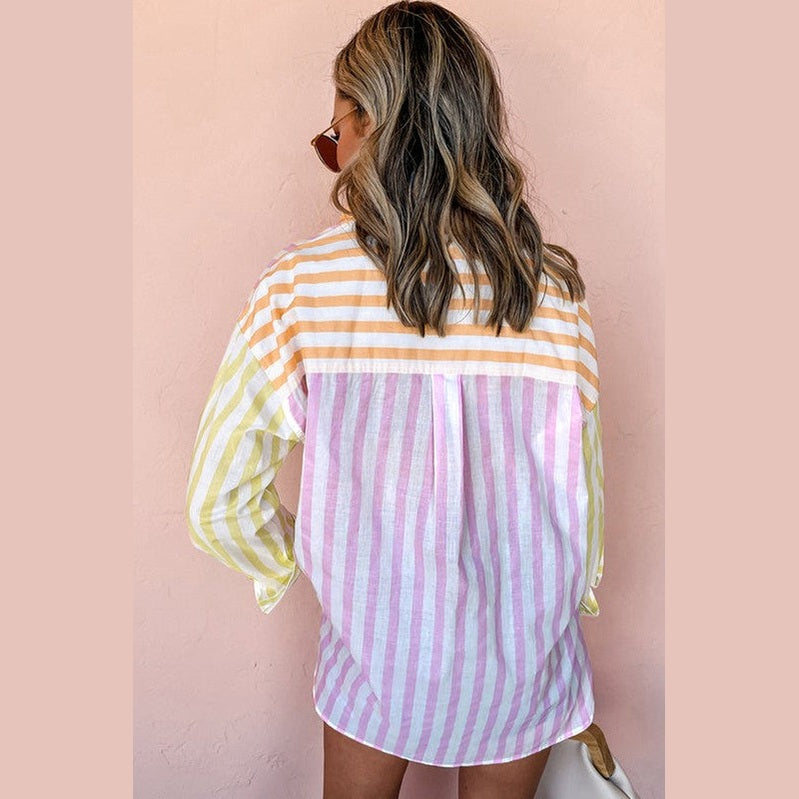 YNIQUE colorful patchwork shirt for women with striped pattern in pastel colors worn from back