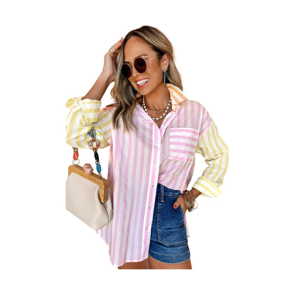Colorful patchwork shirt for women with pink and yellow stripes paired with denim shorts