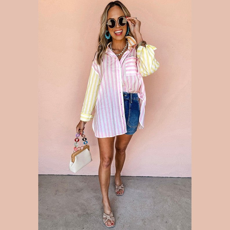 Colorful patchwork shirt for women by YNIQUE with pink and yellow stripes styled with denim shorts