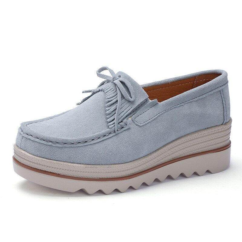 VacationGrabs women's colorful platform shoes in light blue with a classic moccasin design