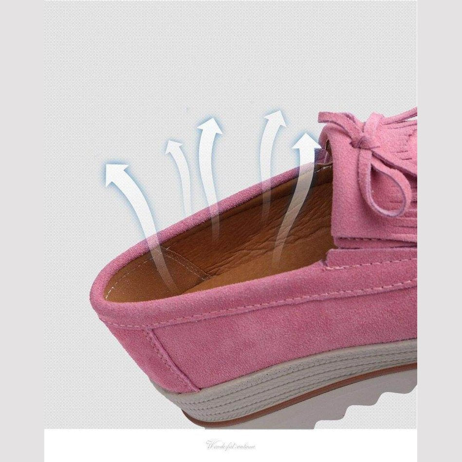 Pink VacationGrabs colorful platform shoes featuring soft suede and breathable design