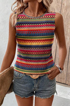 Colorful sleeveless top for women with vibrant striped pattern, perfect for casual summer outings