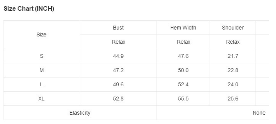 Size chart for YNIQUE women's shirts showing bust, hem width, and shoulder measurements in inches