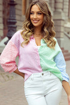 YNIQUE colorful vacation tops for women striped button-up shirt with pastel pink green and blue panels