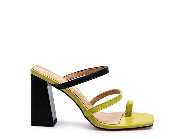 Stylish Rag Company comfortable block heel shoes in yellow and black with trendy straps