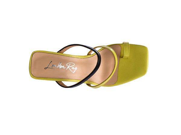 Stylish women's comfortable block heel shoes from Rag Company in vibrant yellow with unique strap design