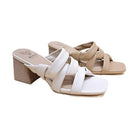 Let's See Style Comfortable slide sandals in white and beige with stylish wrapped design and block heels