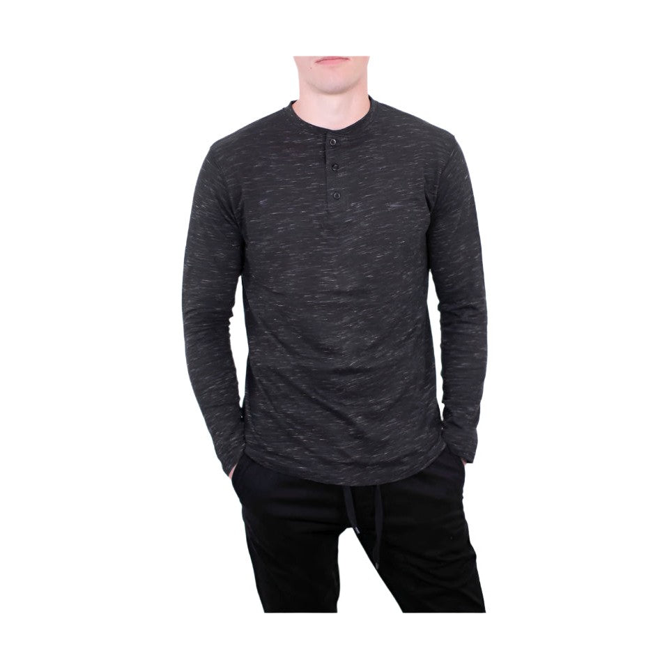 Generation XYZ men's comfortable travel Henley shirt in dark gray with long sleeves and button detail