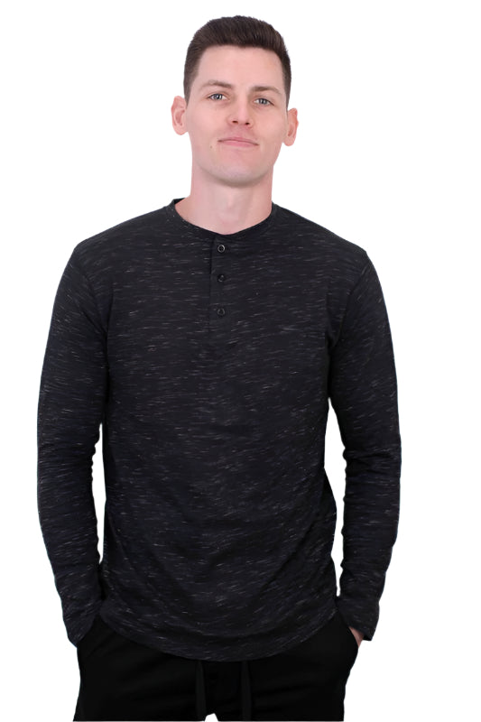 Generation XYZ men's black long sleeve comfortable travel Henley shirt with button placket