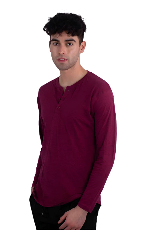 Men's comfortable travel Henley shirt in deep burgundy long sleeve by Generation XYZ