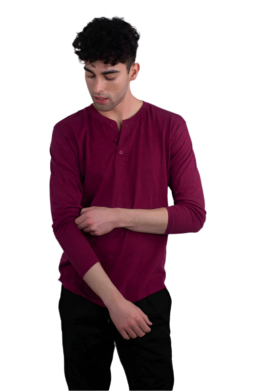 Men's long sleeve comfortable travel Henley shirt in maroon by Generation XYZ
