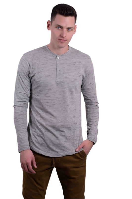 Generation XYZ men's comfortable travel Henley shirt in light gray with long sleeves and button placket