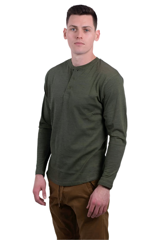 Generation XYZ men's comfortable travel Henley shirt in olive green long sleeve