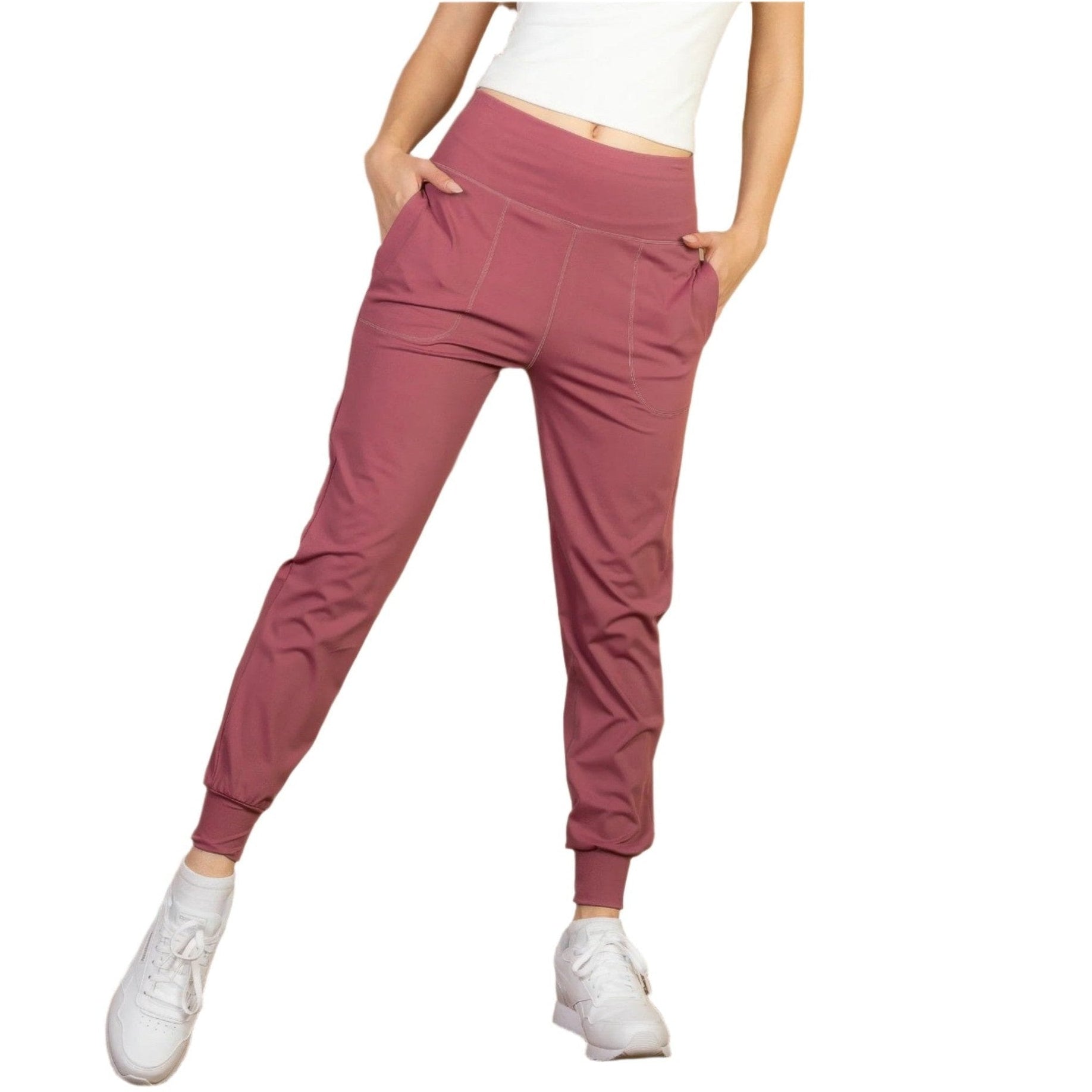VacationGrabs women's comfortable travel joggers in mauve with high waist and cuffed ankles