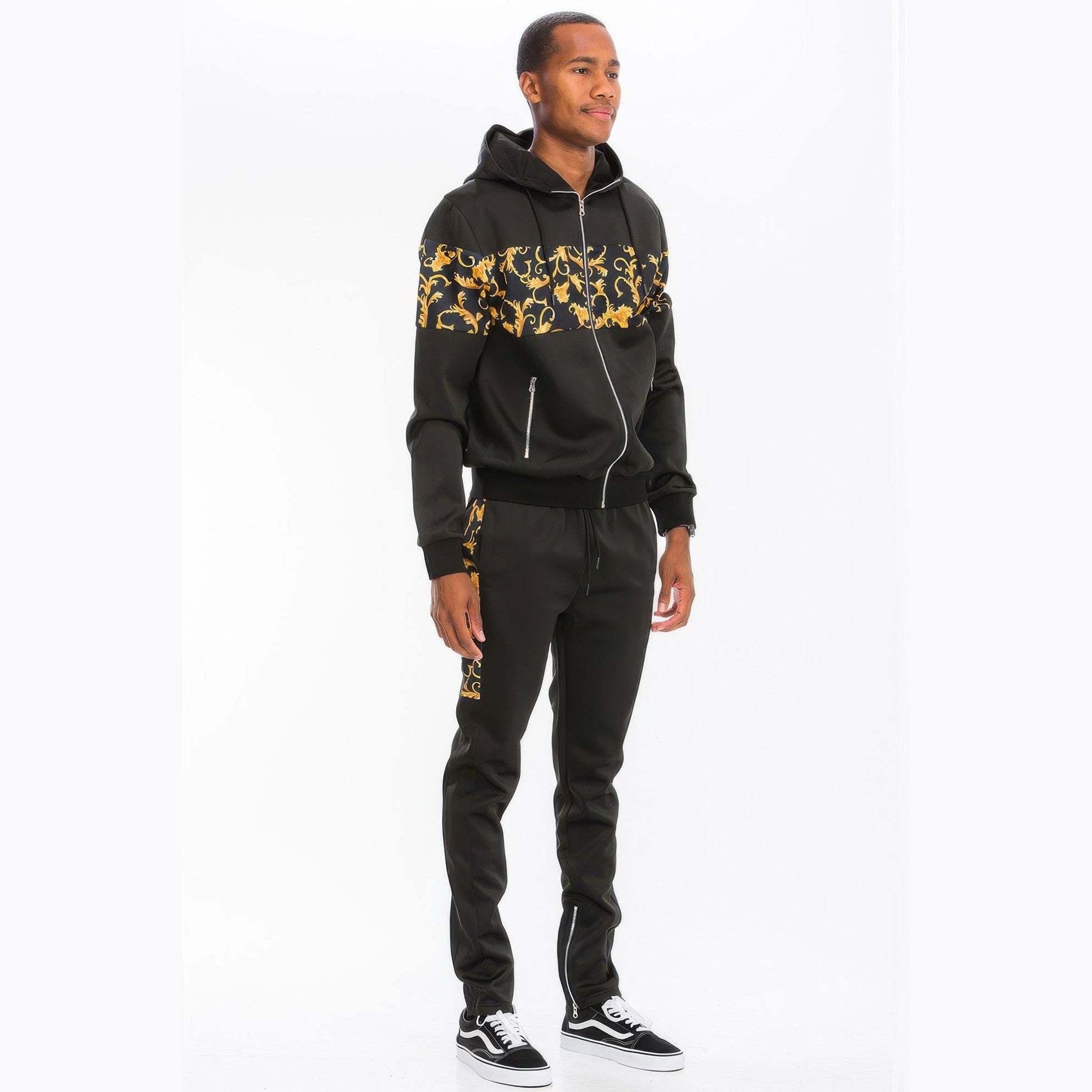 Men's 2PC Track Set in Black with Gold Accents, perfect as a comfortable travel outfit