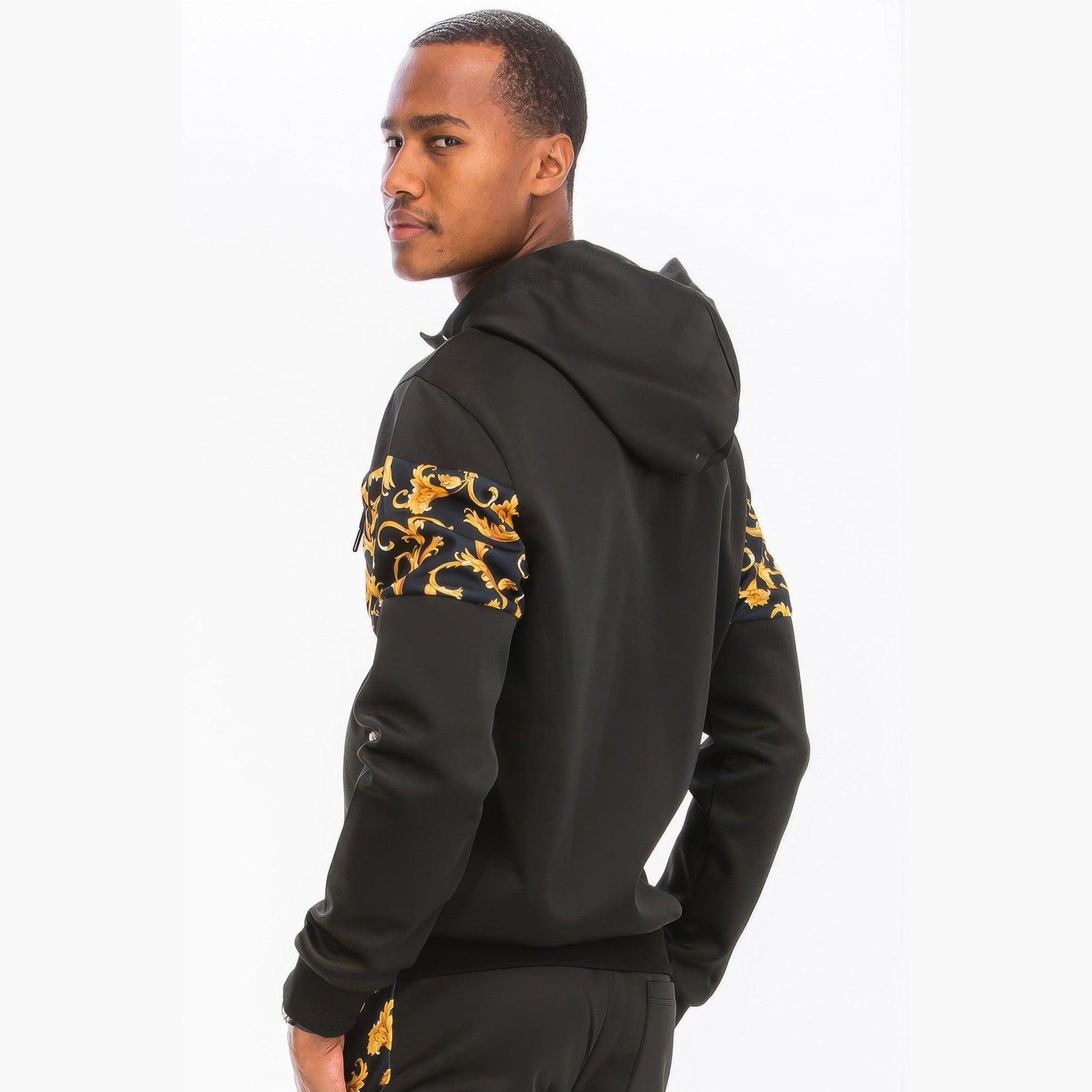 Men's black 2PC track set from VacationGrabs, a comfortable travel outfit with stylish patterned details