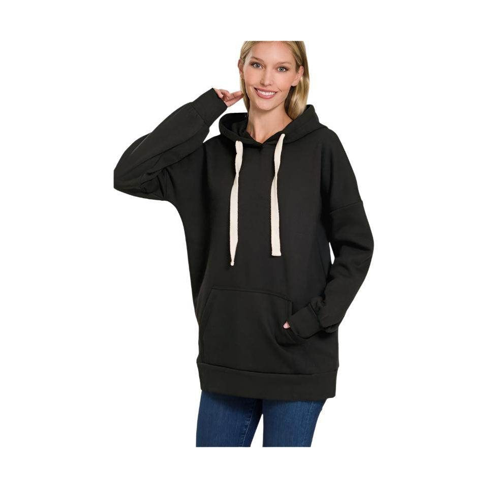 ZENANA Women's Black Comfortable Vacation Hoodie with Front Pocket and Adjustable Drawstrings