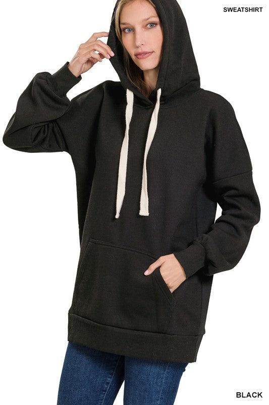 ZENANA Comfortable Vacation Hoodie in Black with Front Pocket and Adjustable Drawstring