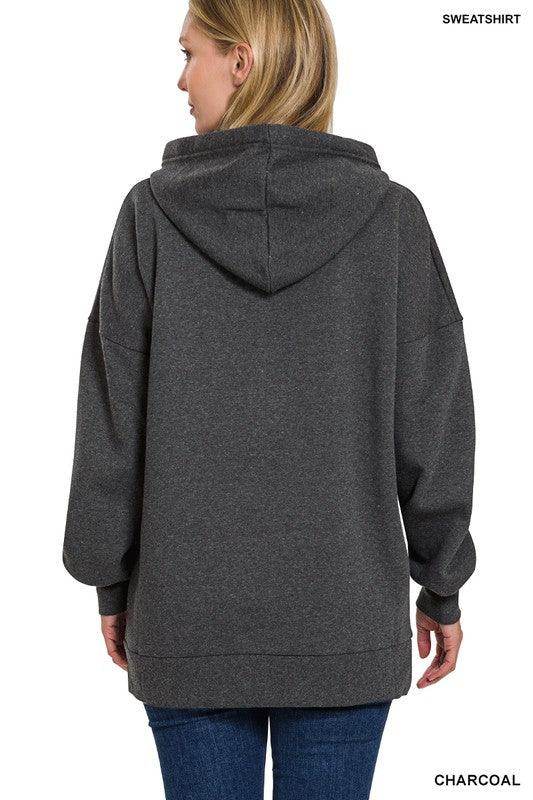 Back view of ZENANA comfortable vacation hoodie in charcoal with oversized fit and kangaroo pocket