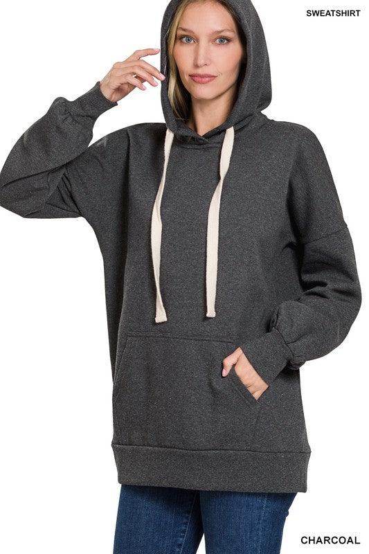 ZENANA Comfortable vacation hoodie in charcoal with front pocket and drawstring hood