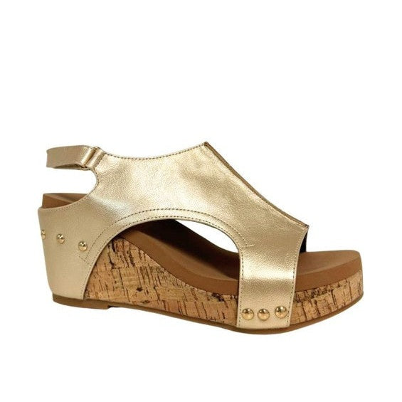 Maker's Shoes comfortable wedge sandals for women in metallic gold with cork platform sole