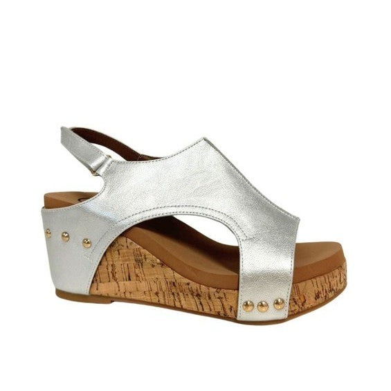 Maker's Shoes silver comfortable wedge sandals for women with cork sole and decorative studs