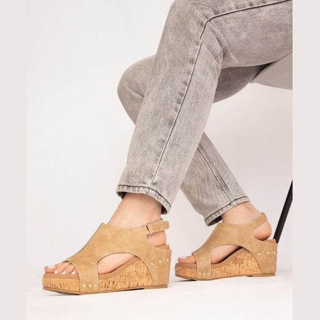 Maker's Shoes comfortable wedge sandals for women in tan with cork sole and stud details