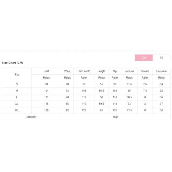 Size chart in centimeters for YNIQUE comfortable womens travel clothing set including bust waist hip and inseam measurements