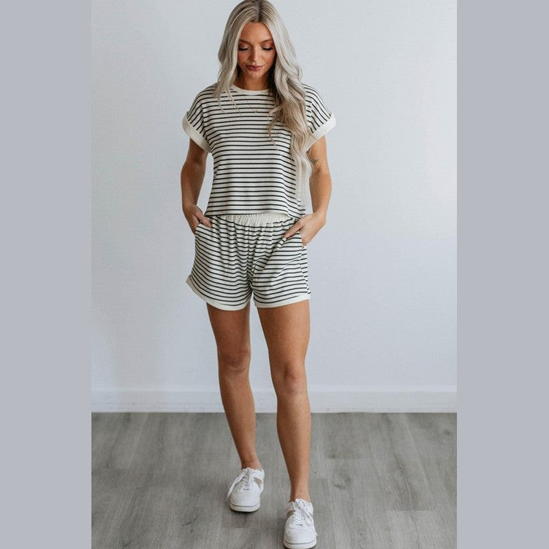 Comfortable womens travel clothing set by YNIQUE featuring striped short sleeve top and matching shorts