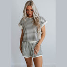 Comfortable womens travel clothing set by YNIQUE featuring a striped short sleeve top and matching shorts