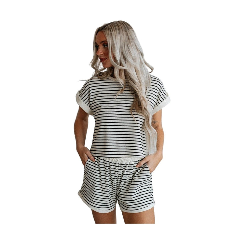 Comfortable womens travel clothing set striped short sleeve top and shorts by YNIQUE