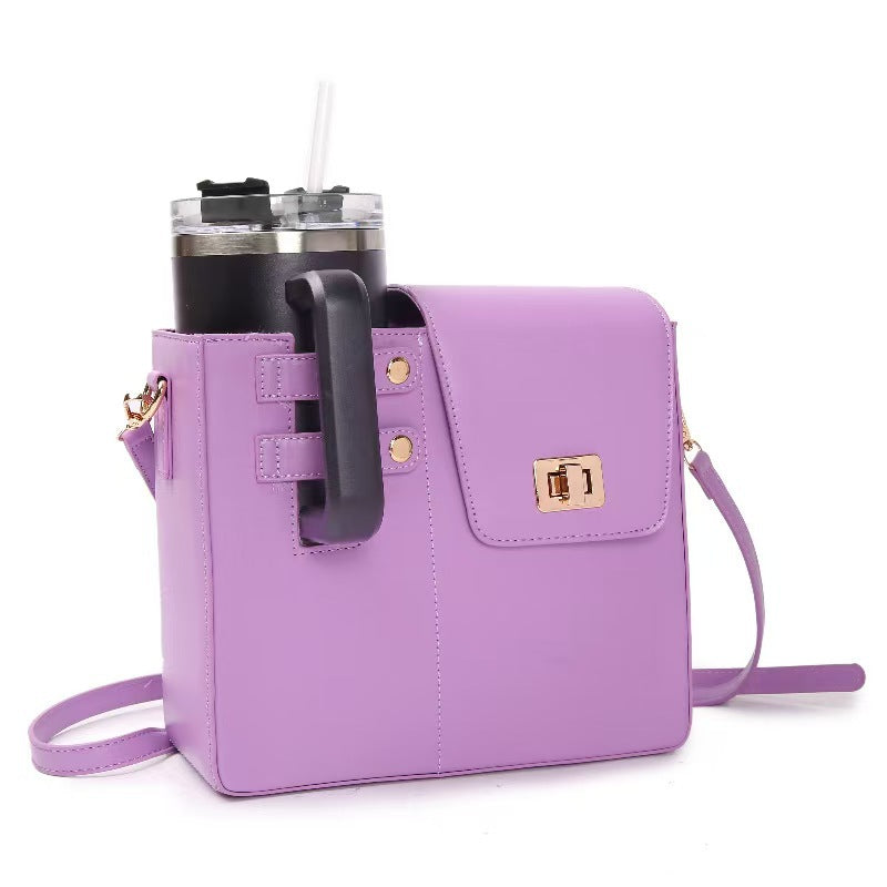 Purple commuter crossbody bag with water bottle holder, stylish and practical for everyday use