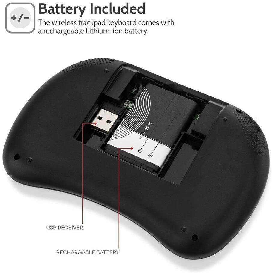Compact keyboard for travel featuring a built-in rechargeable battery and USB receiver slot
