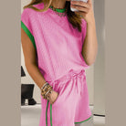 Contrast Trim Round Neck Top and Shorts Set - VacationGrabs
