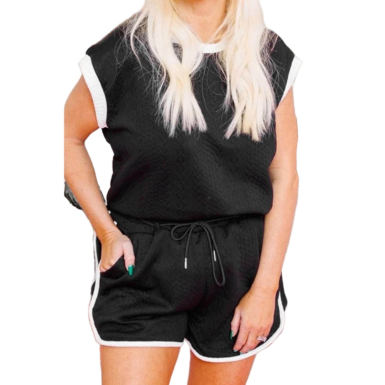 Contrast Trim Round Neck Top and Shorts Set - VacationGrabs